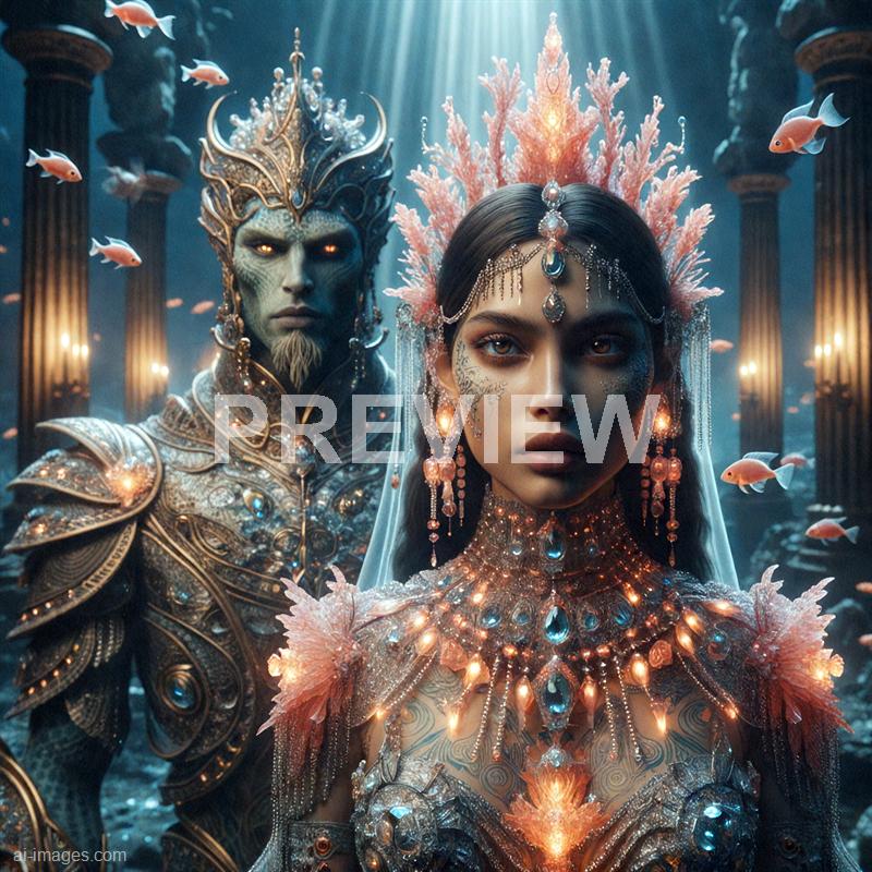 The image features two fantasy characters in an underwater setting, illuminated by a mystical light source. The character in the foreground is a woman dressed in elaborate, shimmering jewelry and armor-like attire adorned with coral and gemstone motifs, with intricate facial decorations and a coral crown. Behind her, a tall, regal figure with a scaled face, glowing eyes, and ornate armor stands, wearing a crown or headpiece with a serpent-like design. The scene is enhanced with small fish swimming around them, and ancient columns and rocky formations can be seen in the background, creating an ethereal, mystical atmosphere.